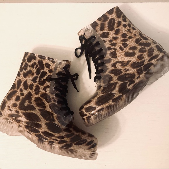 CHEMISTRY Translucent CHEETAH/LEOPARD print Combat Rain Boots - Picture 3 of 7